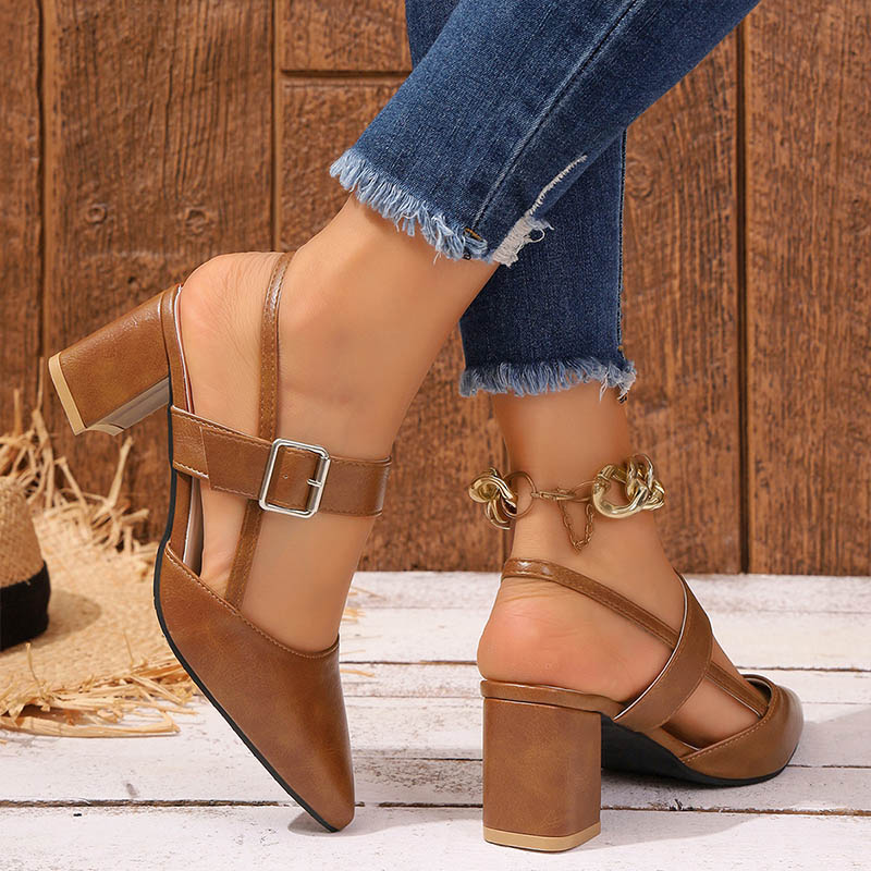 Shoeswoon Pointed Toe Ankle Strap Slingback Block Heel Pumps