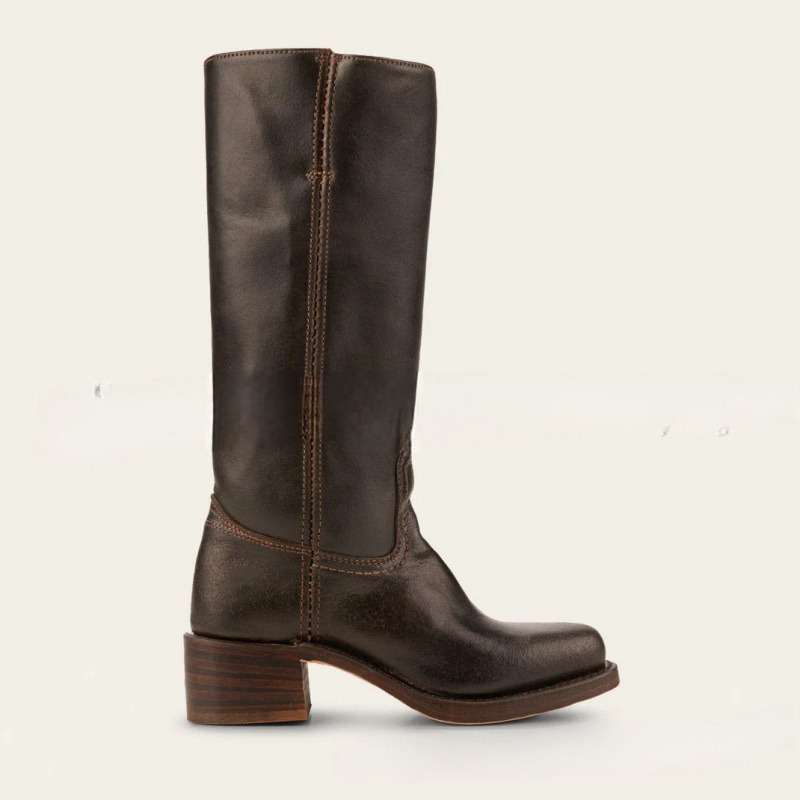 Shoeswoon Round Toe Stacked Heel Knee High Riding Boots