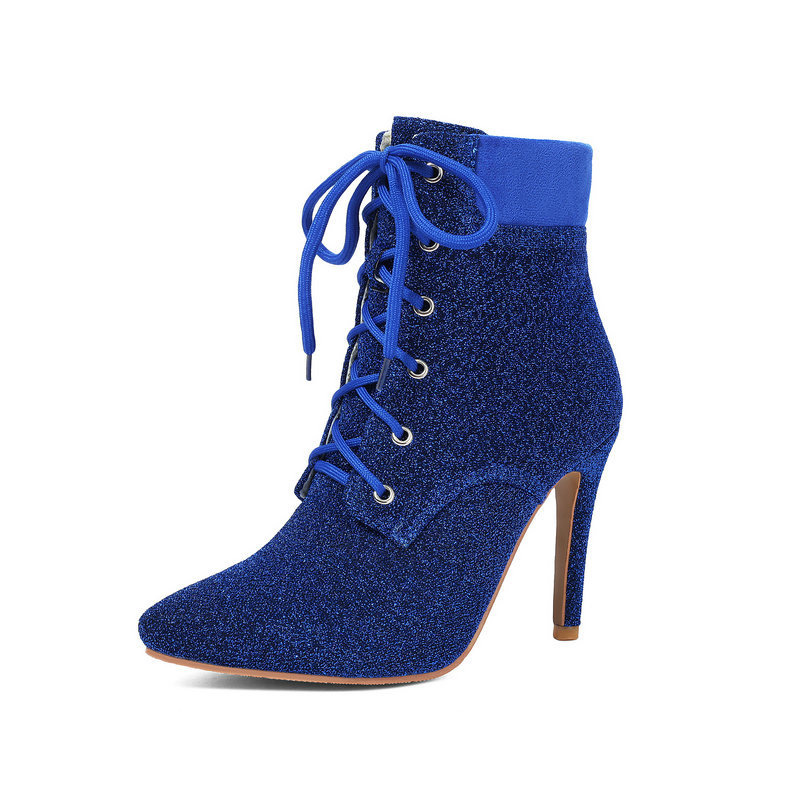 Shoeswoon Glitter Lace Up Pointed Toe Stiletto Ankle Boots