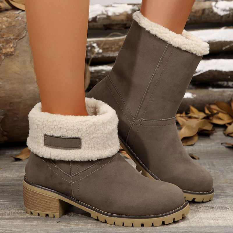 Shoeswoon Fleece Cuff Round Toe Block Heel Ankle Boots