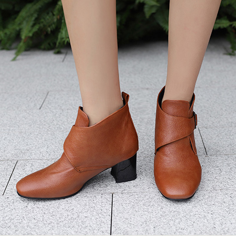 Shoeswoon Minimalist Buckle Ankle Boots Round Toe Block Heel