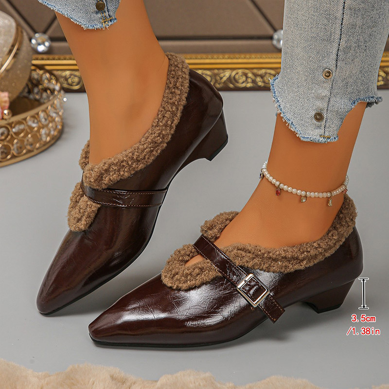 Shoeswoon Vintage Crinkle Leather Buckle Strap Warm Lined Heels
