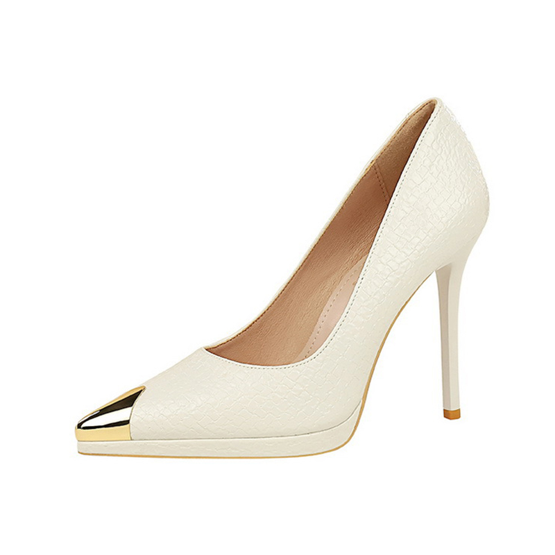 Shoeswoon Croc Textured Platform Pumps Metal Toe Cap Slim Stiletto Heel