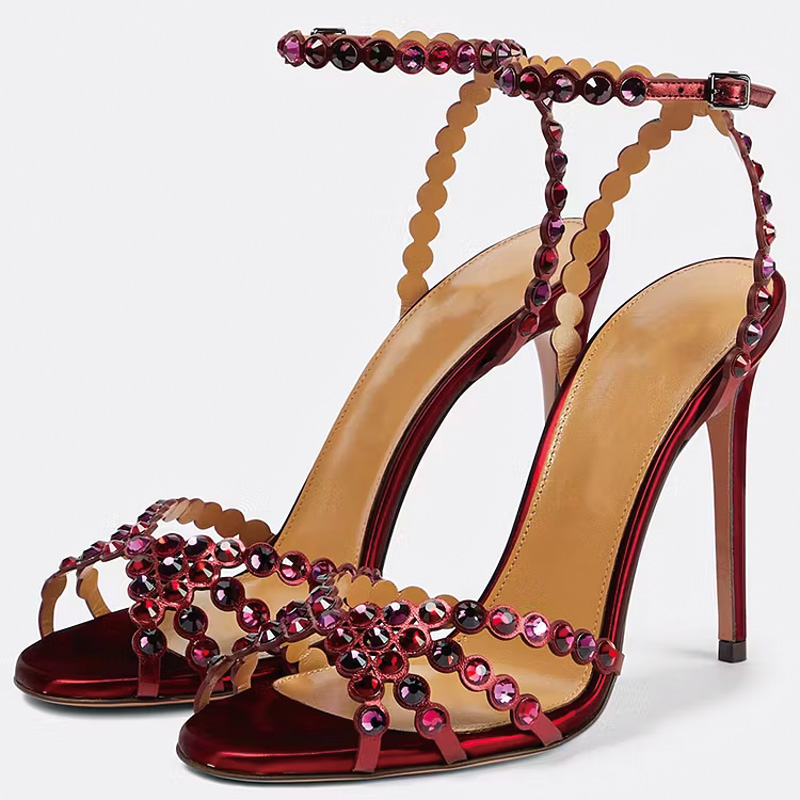 Shoeswoon Metallic Multi-Colored Crystal Ankle Strap Stiletto Heel Sandals