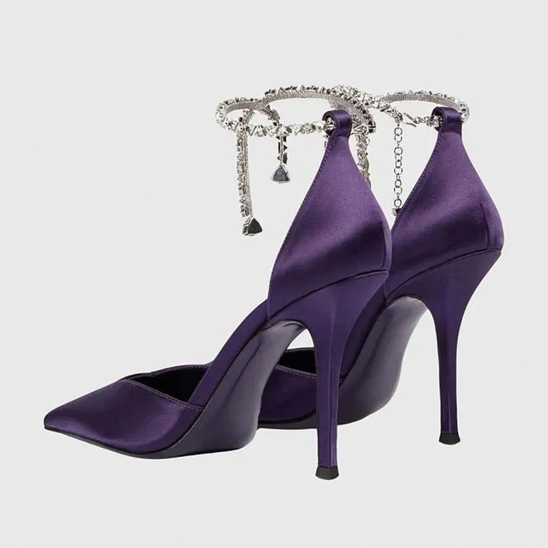 Shoeswoon Dark Purple Satin Rhinestone Tassel Ankle Chain Slingback Heels
