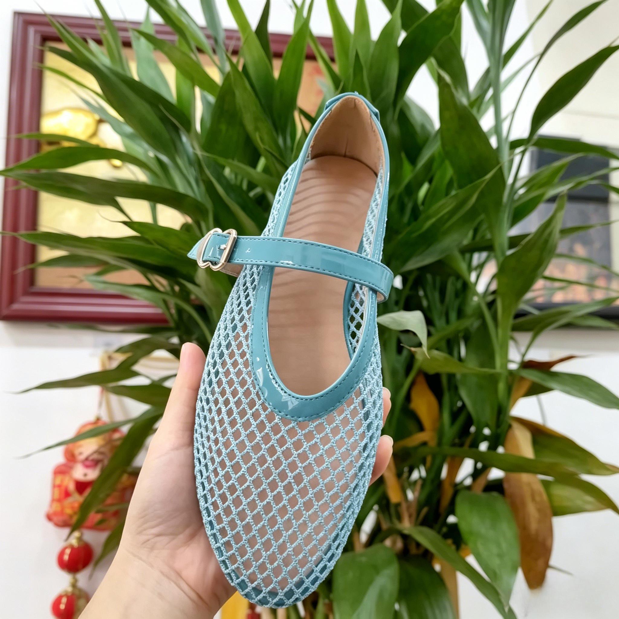 Shoeswoon Buckle Strap Fishnet Mesh Mary Jane Flats