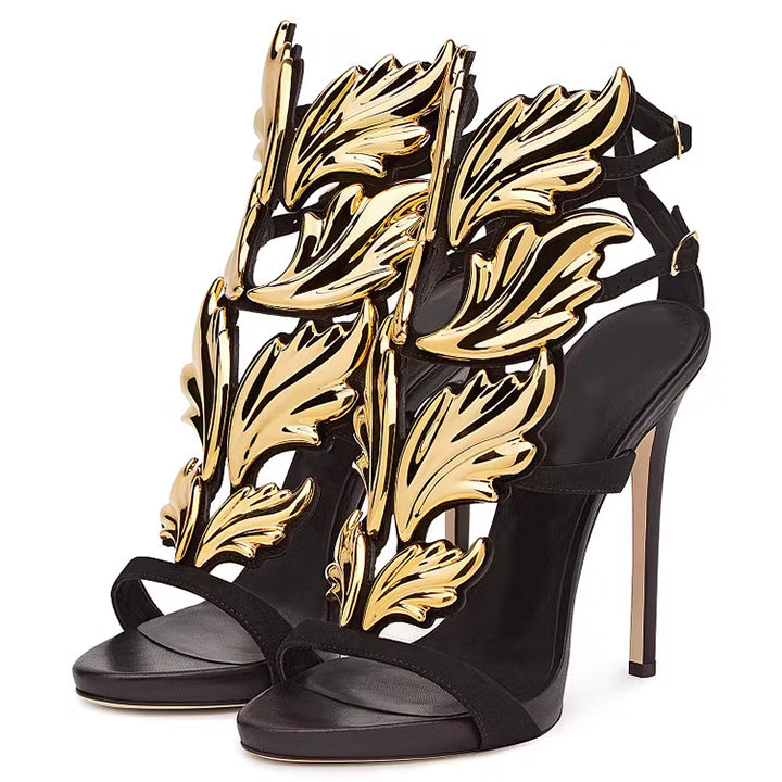 Shoeswoon Black and Gold Evening Shoes Luxury Metallic Heels Stiletto Sandals