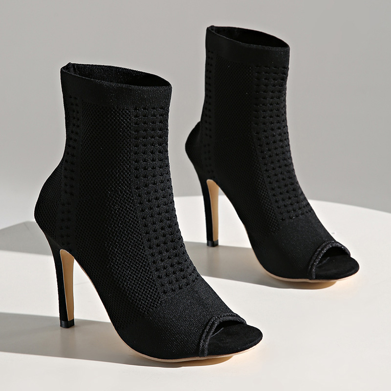 Shoeswoon Peep Toe Knit Sock Stiletto Ankle Boots