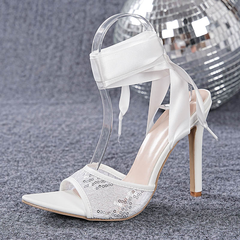 Shoeswoon Lace-Up Satin Wrap Around Leg Thin Heel Sandals