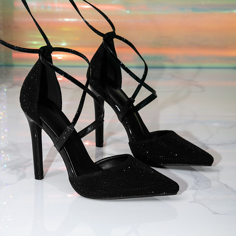 Shoeswoon Wrap Around Lace-Up Rhinestone Point Stiletto Heels