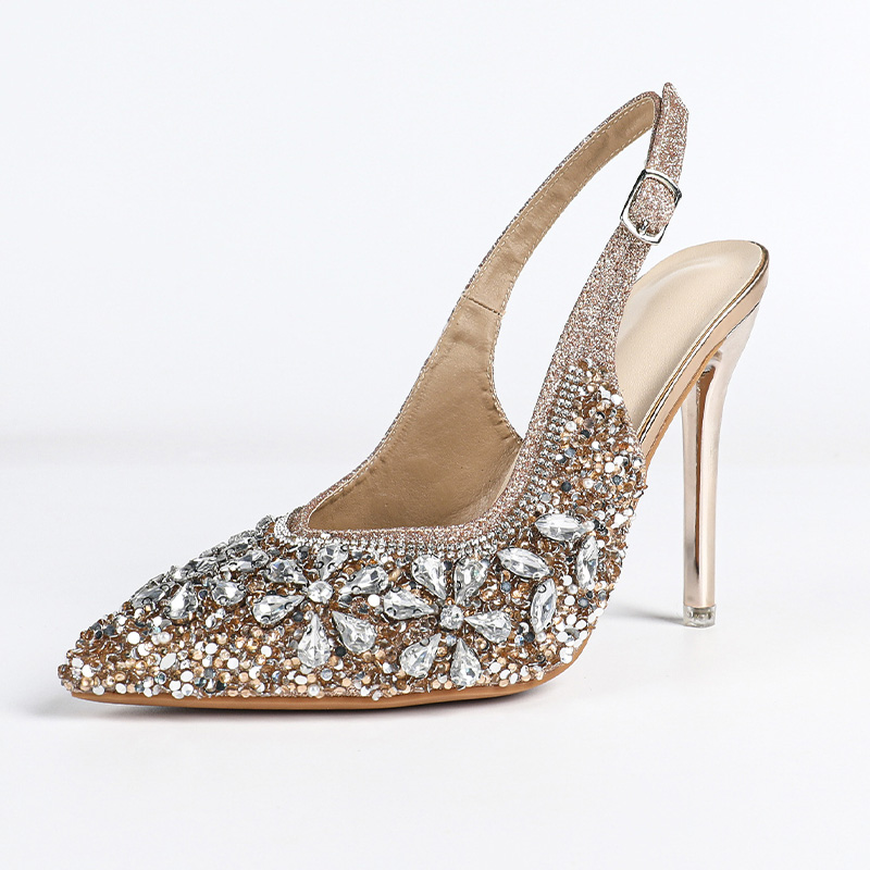 Shoeswoon Rhinestone Pointed Toe Slingback Stiletto Heels