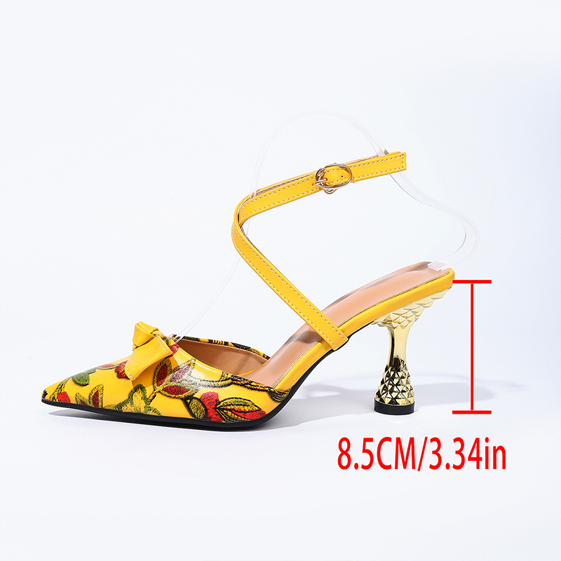 Shoeswoon Floral Print Pointed Toe Ankle Strap Sculptural Heel Pumps