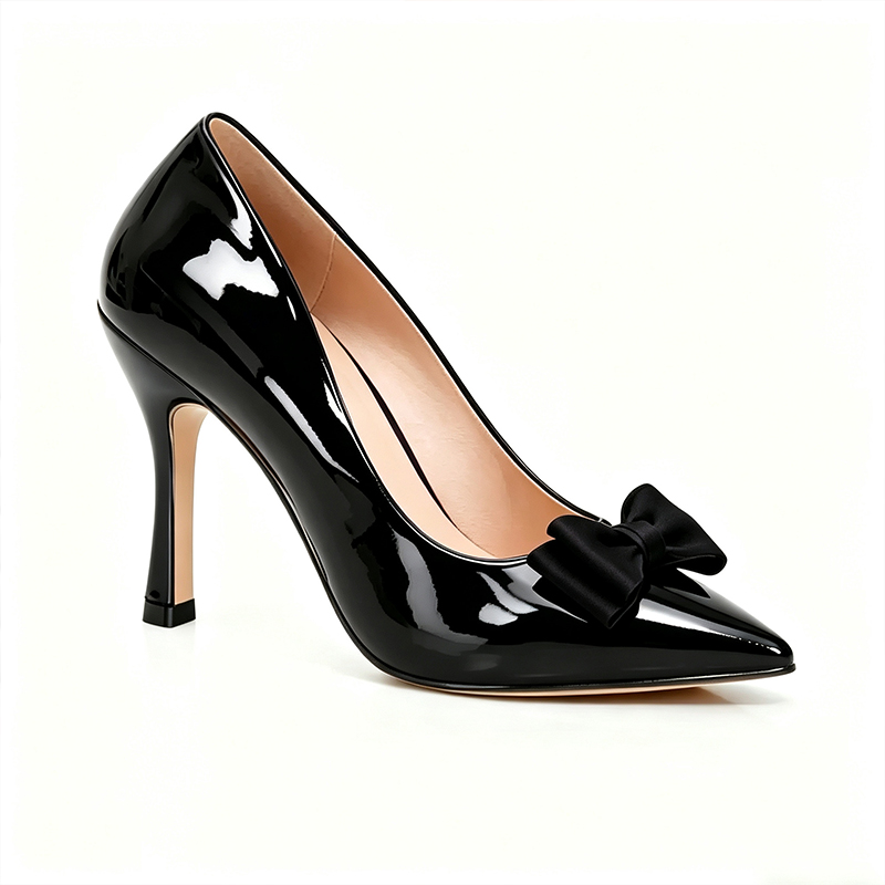 Shoeswoon Pointed Toe Bow Decor Patent Stiletto Pumps