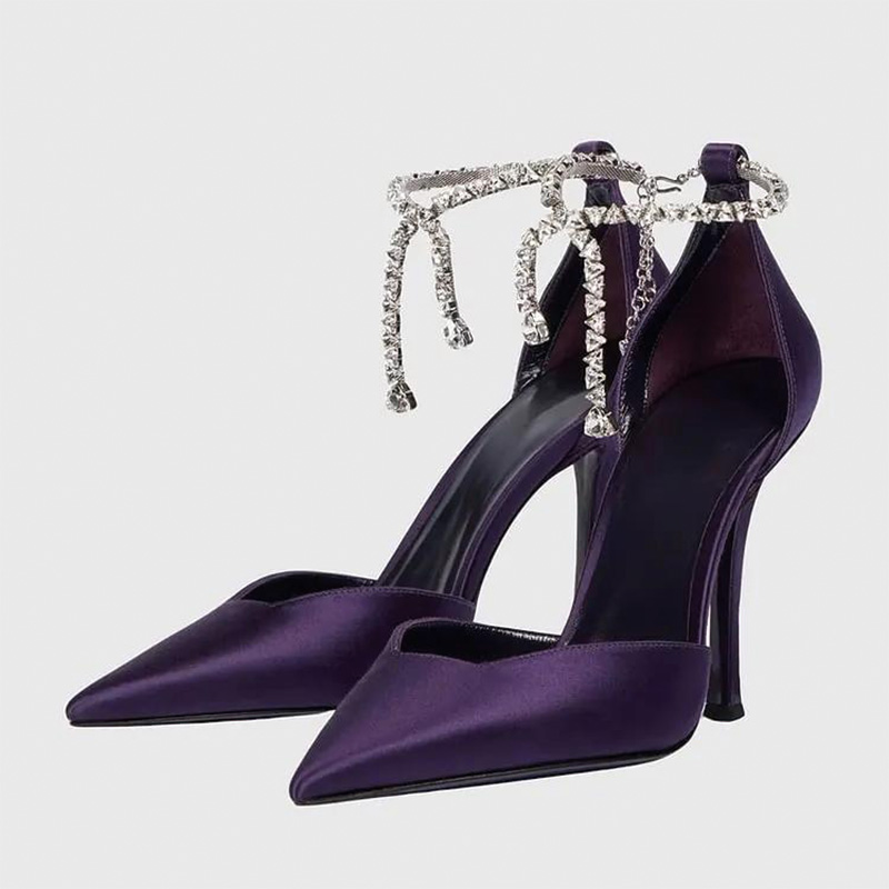 Shoeswoon Dark Purple Satin Rhinestone Tassel Ankle Chain Slingback Heels
