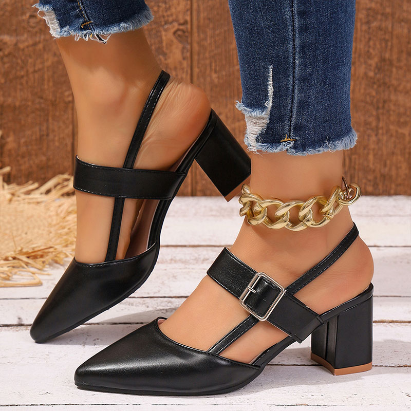 Shoeswoon Pointed Toe Ankle Strap Slingback Block Heel Pumps