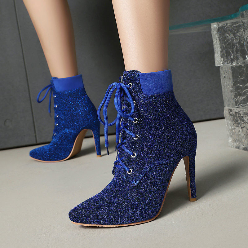 Shoeswoon Glitter Lace Up Pointed Toe Stiletto Ankle Boots