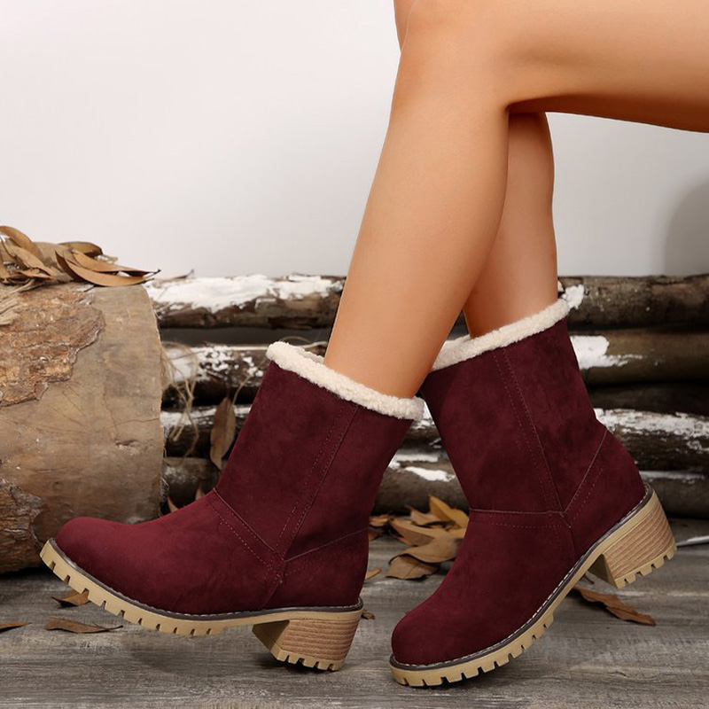 Shoeswoon Fleece Cuff Round Toe Block Heel Ankle Boots
