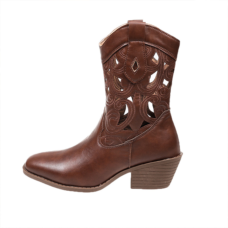 Shoeswoon Cutout Western Ankle Boots Pointed Toe Block Heel