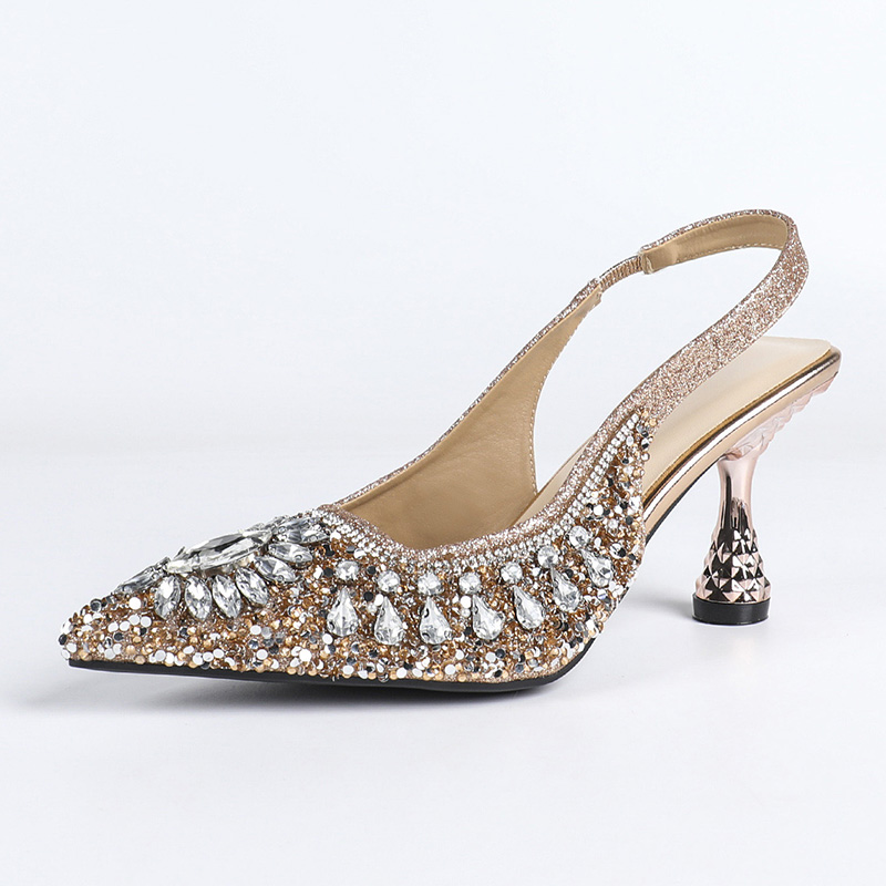 Shoeswoon Rhinestone Pointed Toe Slingback Sculptured High Heels