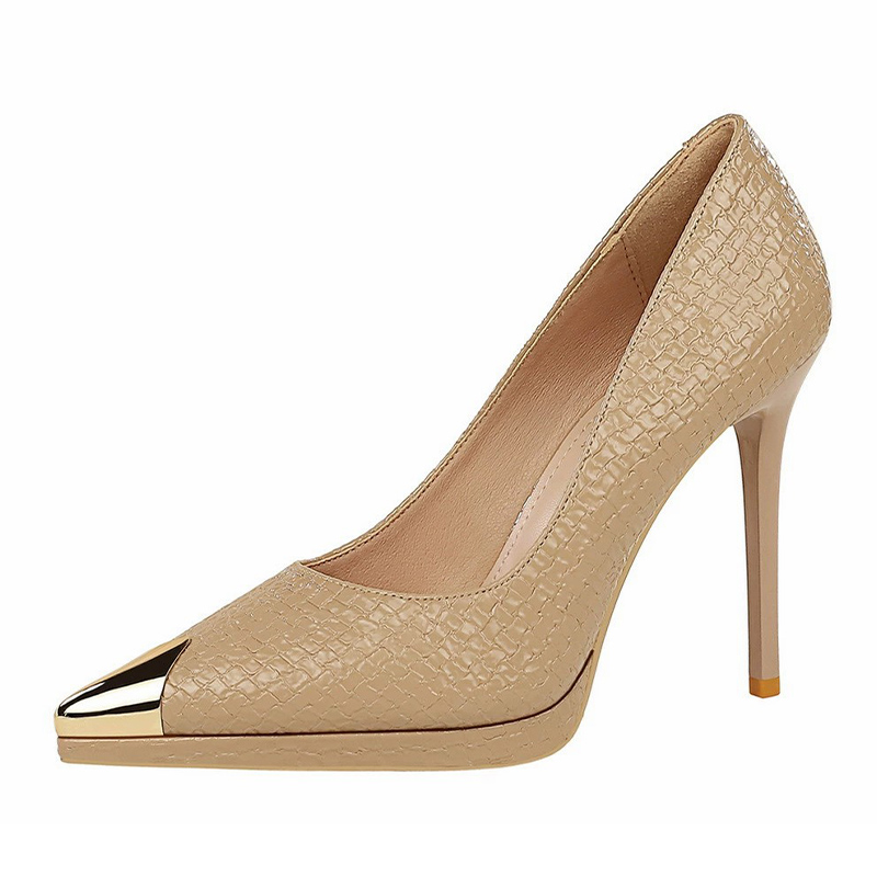 Shoeswoon Croc Textured Platform Pumps Metal Toe Cap Slim Stiletto Heel
