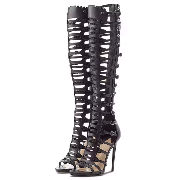 Shoeswoon Black Multi-Strap Knee-High Gladiator Heeled Sandals