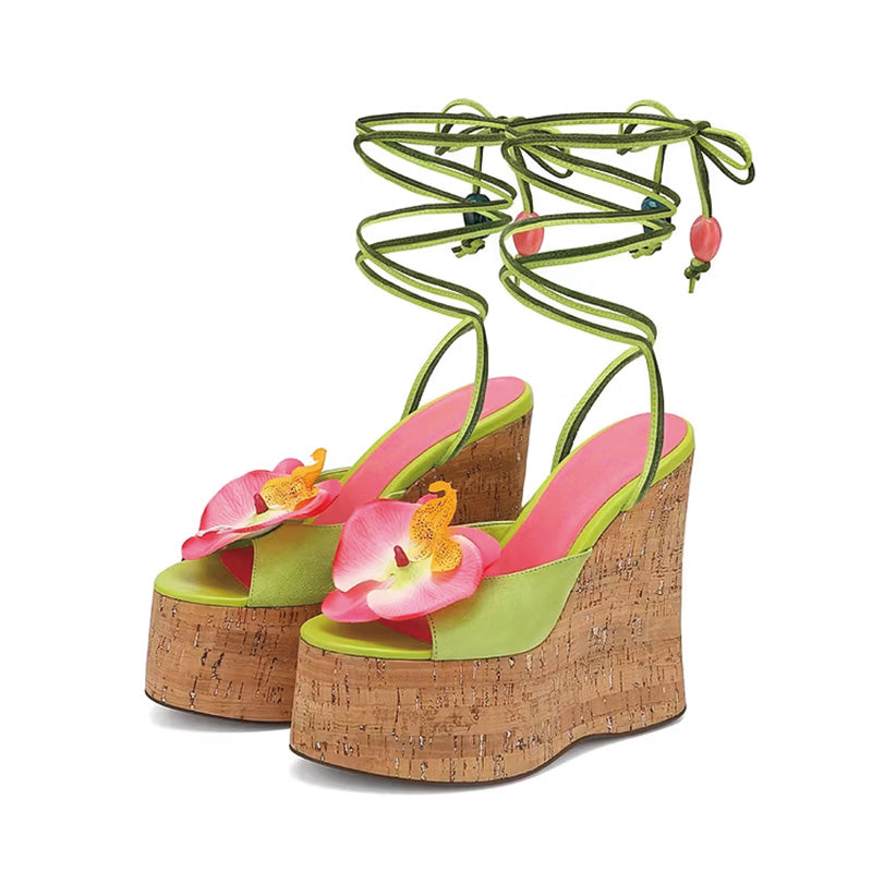 Shoeswoon Beach Vacation Floral Embellished Wrap Around Wedge Sandals