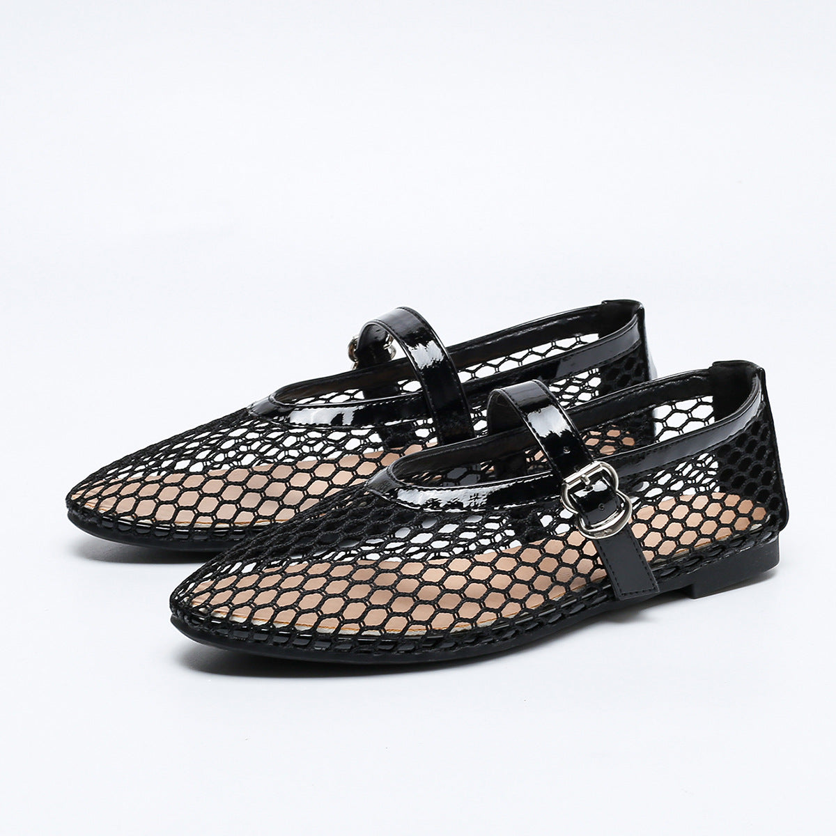 Shoeswoon Buckle Strap Fishnet Mesh Mary Jane Flats