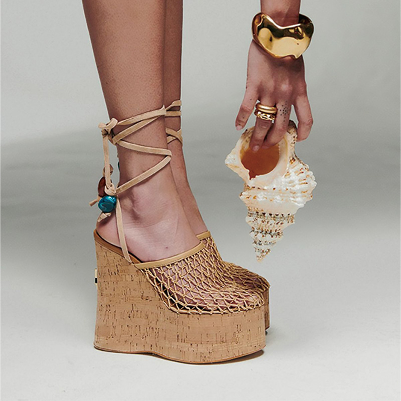 Shoeswoon Mesh Cutout Strappy Tie Ankle Gloss Wooden Effect Chunky Wedge Sandals