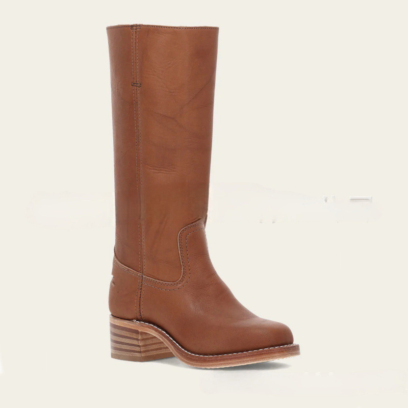 Shoeswoon Round Toe Stacked Heel Knee High Riding Boots