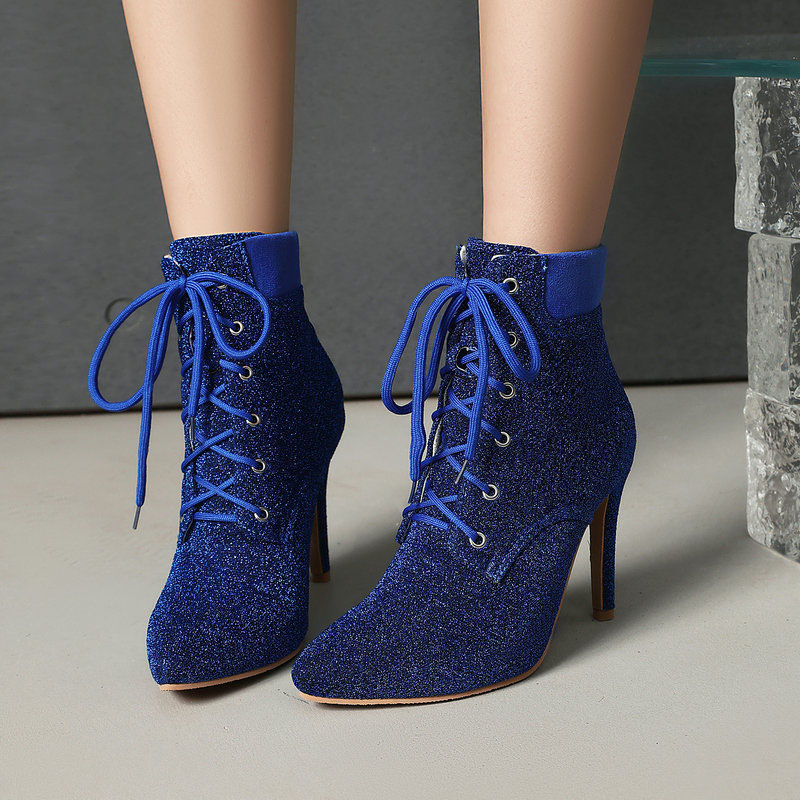 Shoeswoon Glitter Lace Up Pointed Toe Stiletto Ankle Boots