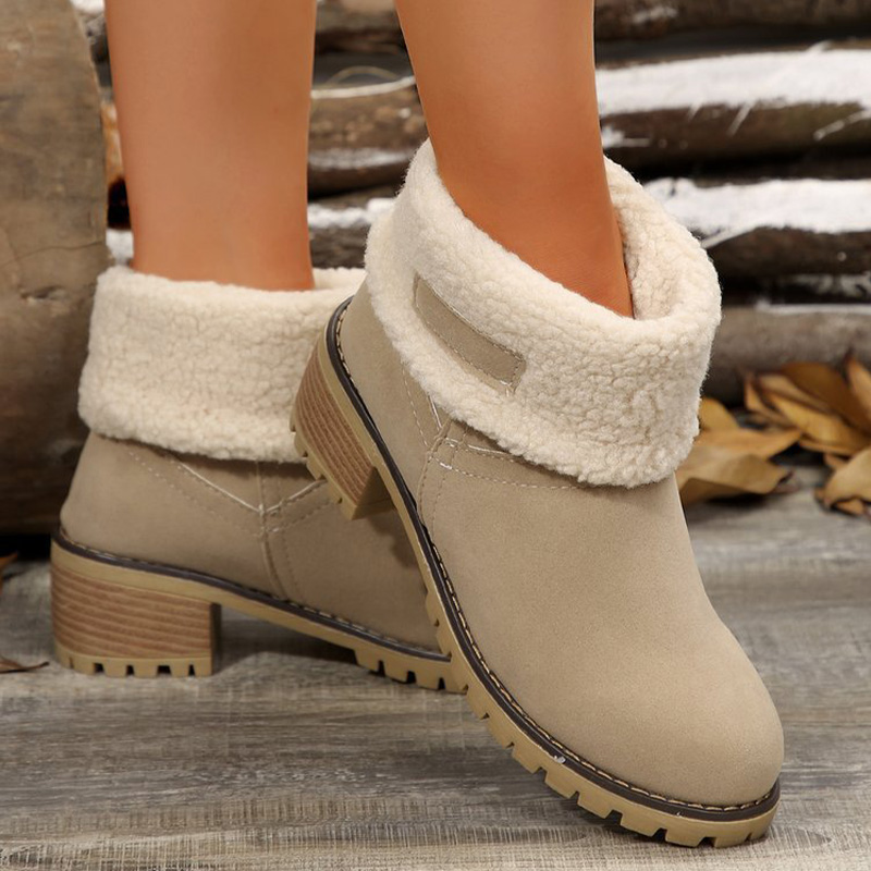 Shoeswoon Fleece Cuff Round Toe Block Heel Ankle Boots