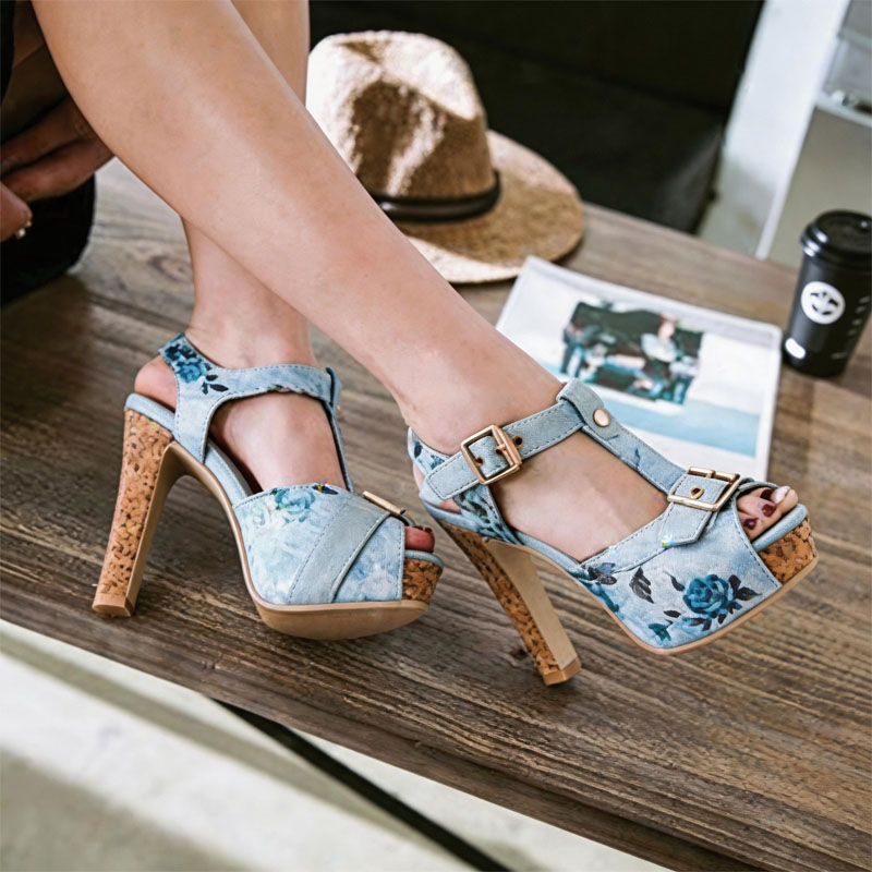 Shoeswoon Floral Print T-Strap Cork Platform Chunky Heel Ankle Buckle Sandals