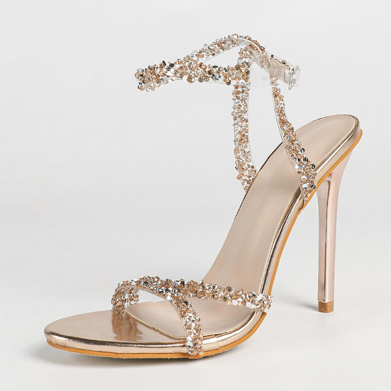 Shoeswoon Rhinestone Multi‑Strap Open Toe Ankle Strap Stiletto Heel Sandals