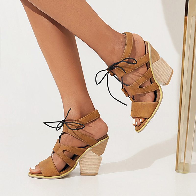 Shoeswoon Strappy Lace Up Cutout Open Toe Caged Chunky Heel Sandals