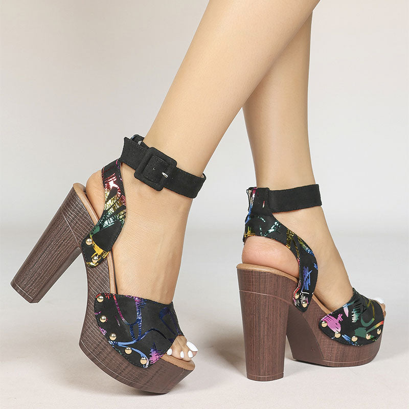 Shoeswoon Colorful Graffiti Print Peep Toe Wood Look Platform Sandals