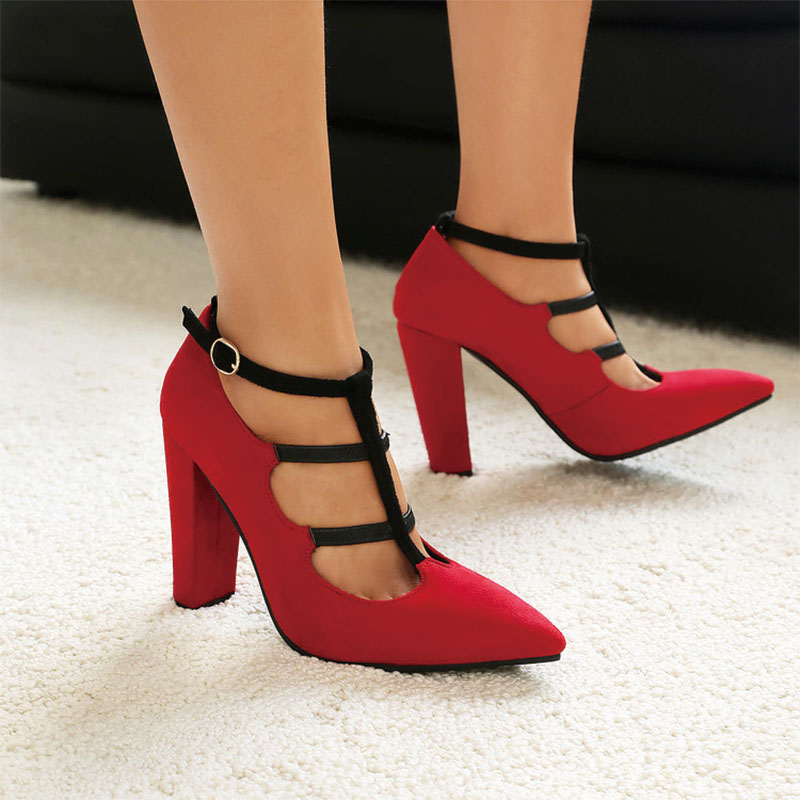 Shoeswoon Faux Suede Multi Straps Hollow Out Adjustable Ankle Buckle Chunky Heels