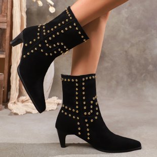 Shoeswoon Vintage Stud Embellished Mid Calf Boots Side‑Zip Kitten Heel