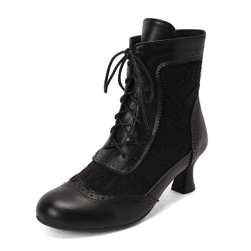 Shoeswoon Victorian Lace‑Panel Ankle Booties Brogue Trim Front Lace‑Up Kitten Heel
