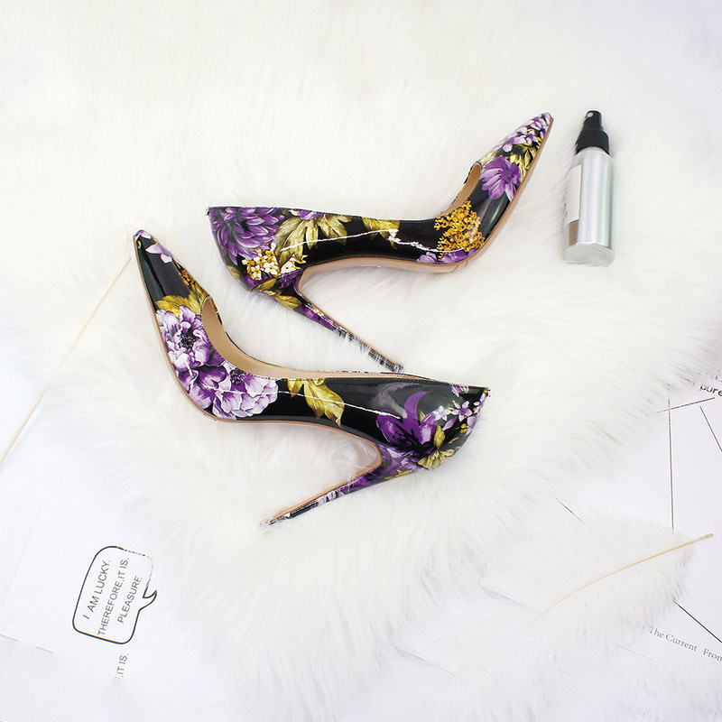 Shoeswoon Colorful Floral Print Patent Pointed Toe Slim Stiletto High Heel Pumps