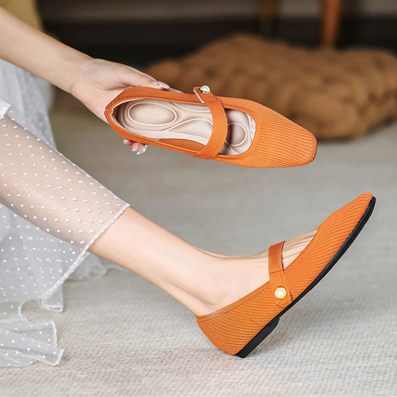 Shoeswoon Ribbed Knit Pearl Button Square Toe Mary Jane Flat Shoes