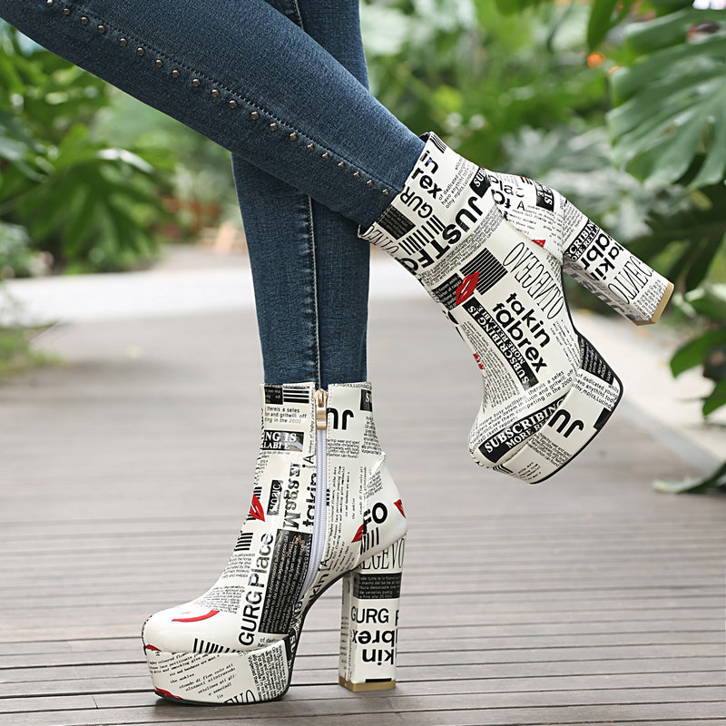 Shoeswoon Artistic Print Platform Booties Round Toe Side Zipper Bold Block Heel