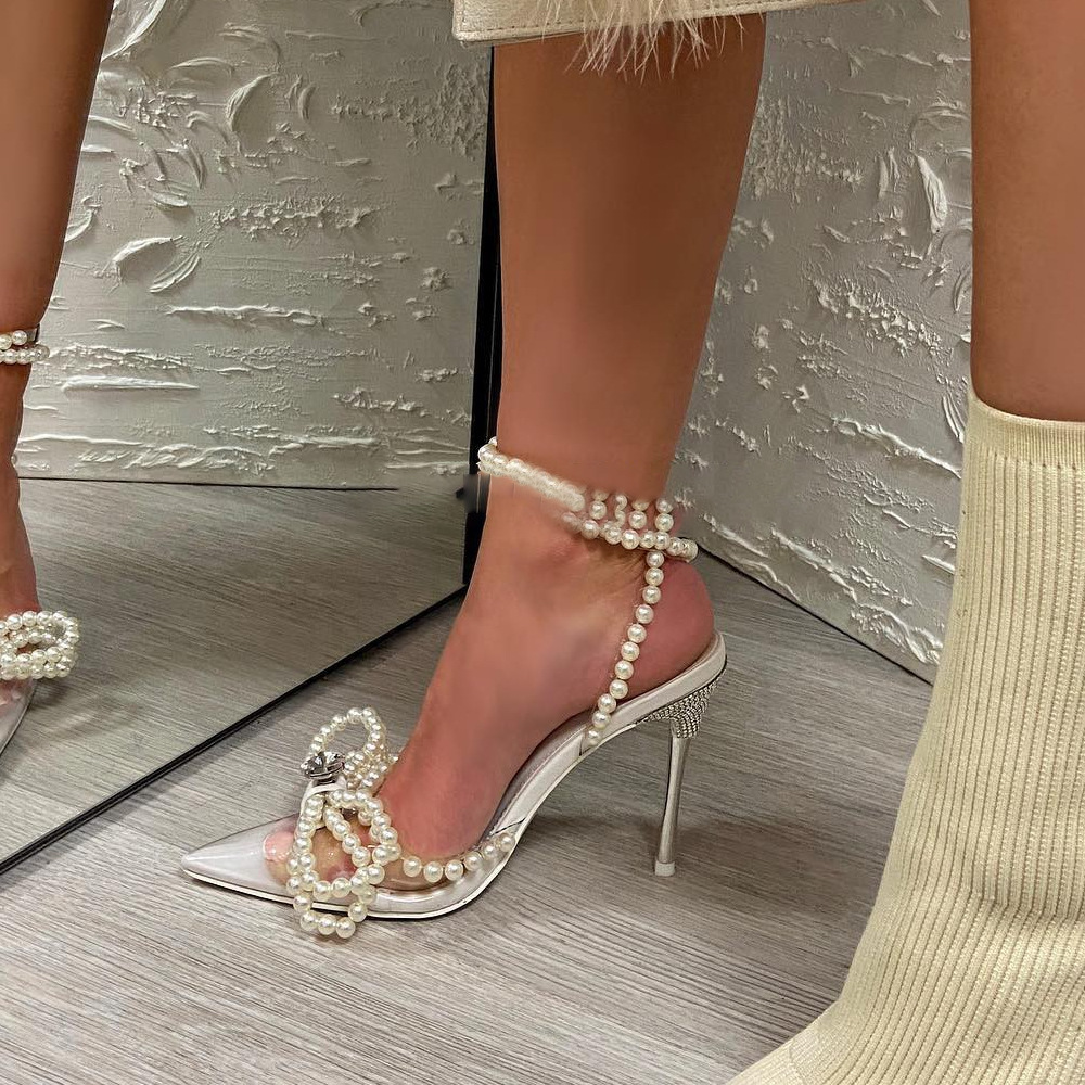 Shoeswoon White Pearl Bow Pointed Toe Ankle Strap Stiletto High Heel