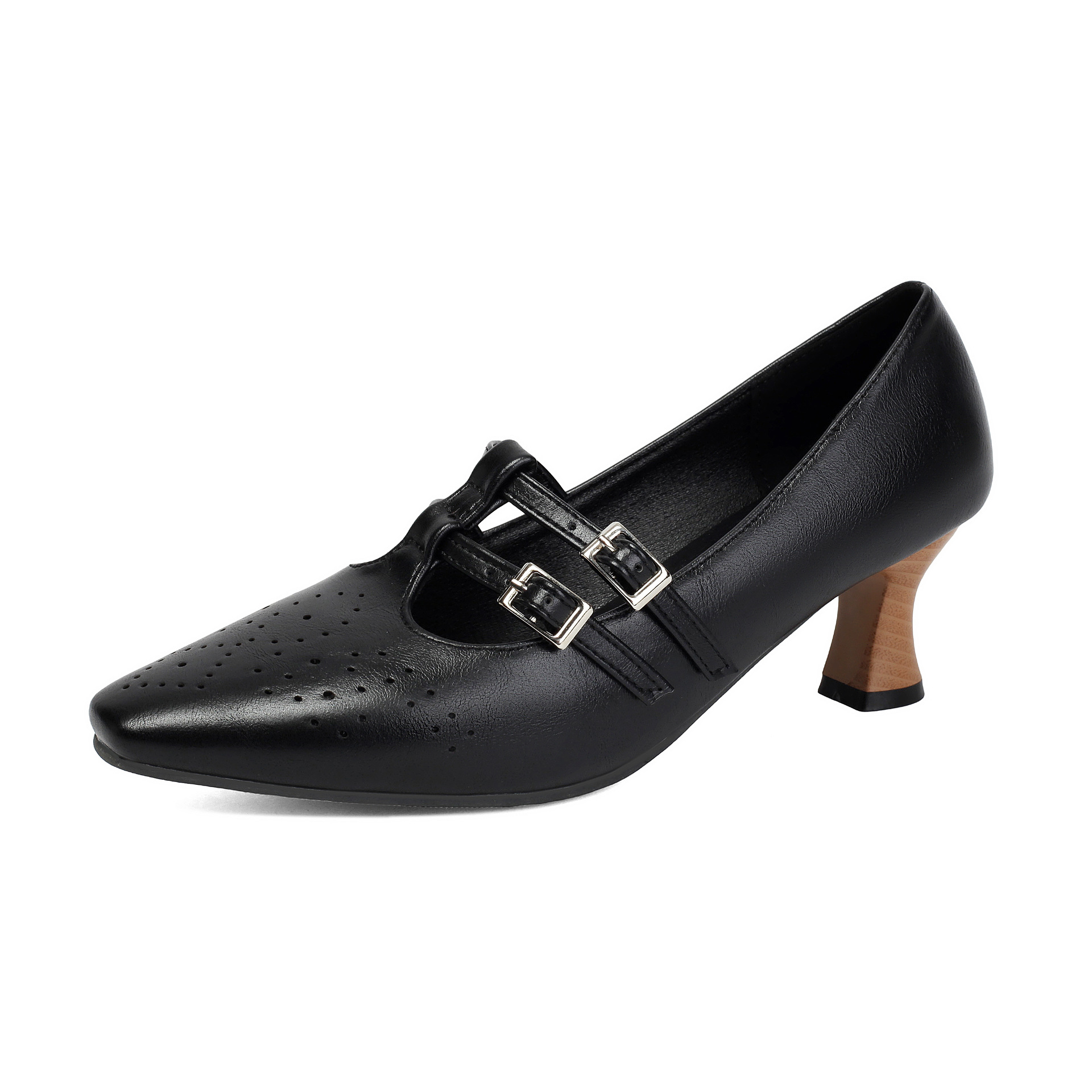 Shoeswoon Vintage T‑Bar Mary Janes Cutout Perforation Adjustable Buckle Mid Heel Shoes