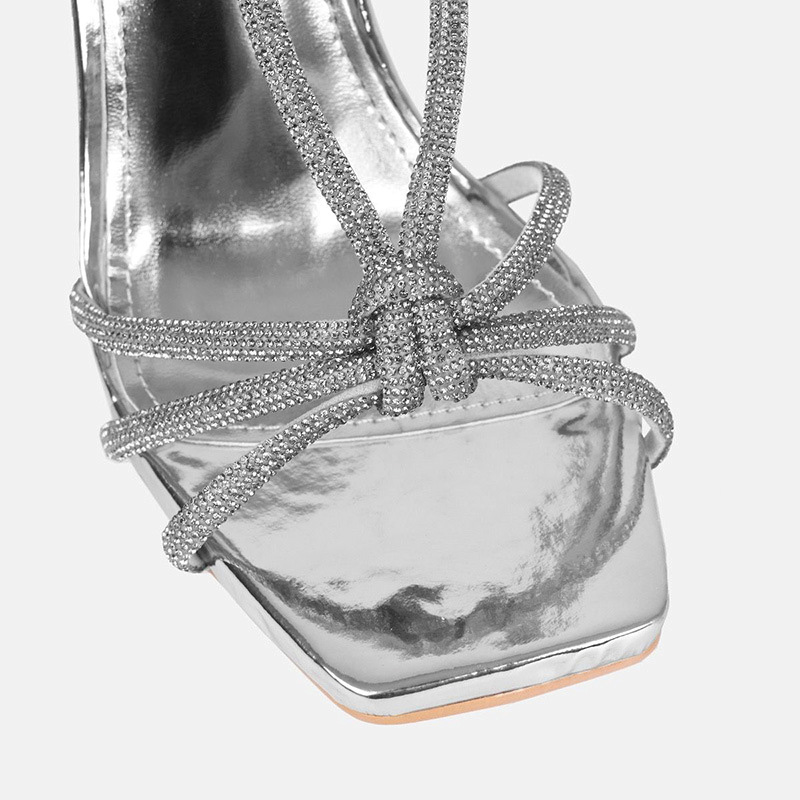 Shoeswoon Glitter Knotted Strap Square Toe Ankle Buckle Stiletto Heel Sandals