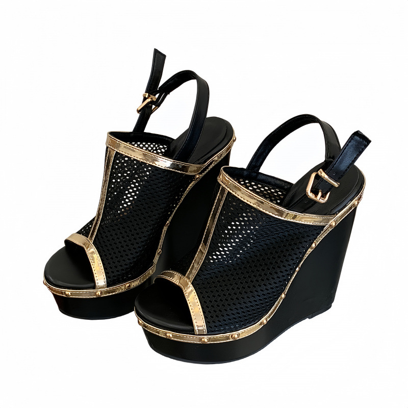 Shoeswoon Mesh Upper Gold Trim Slingback Platform Wedge Sandals