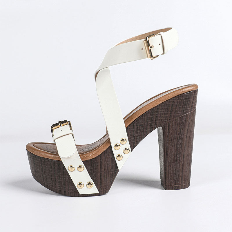 Shoeswoon Crisscross Toe Loop Ankle Buckle Chunky Wood Platform Sandals