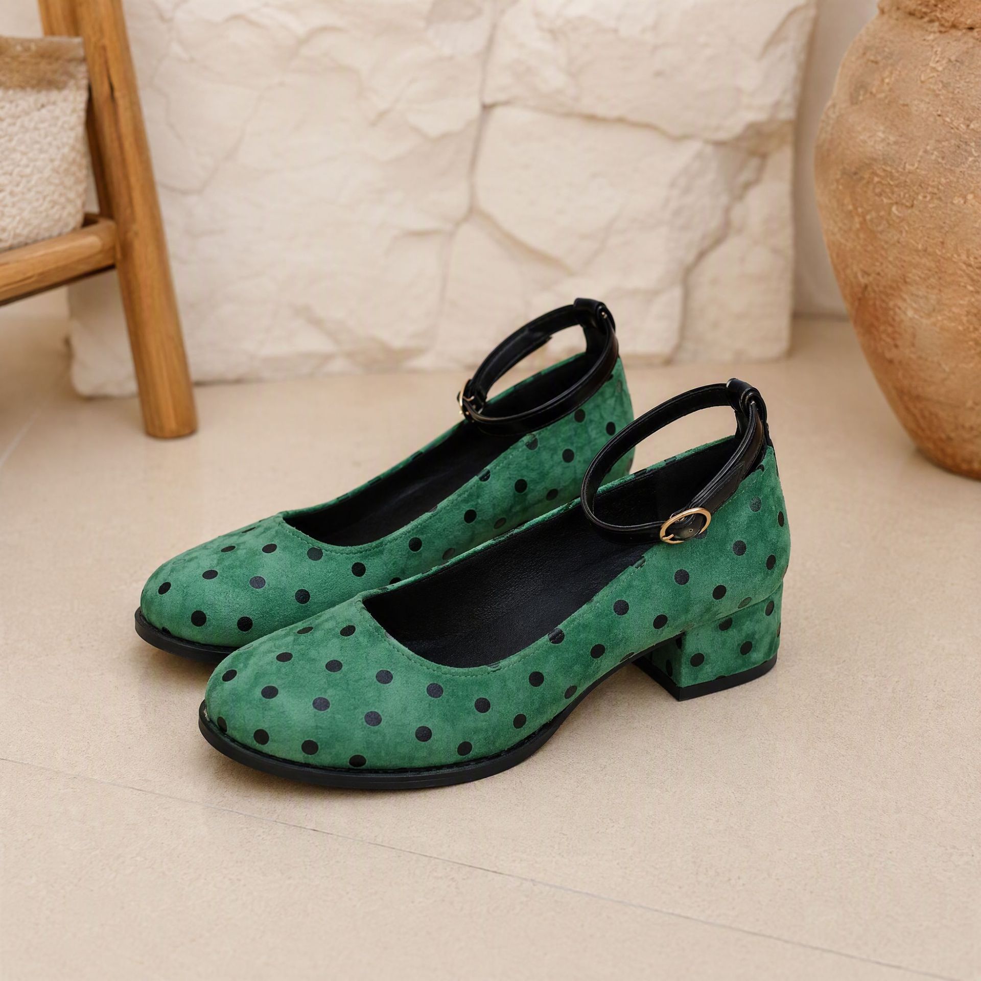 Shoeswoon Round Toe Ankle Strap Polka‑Dot Mid Heel Mary Janes