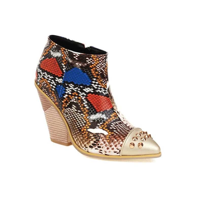 Shoeswoon Fashion Patchwork Stud Decor Pointed Toe Wood‑Look Wedge Heel Ankle Boots