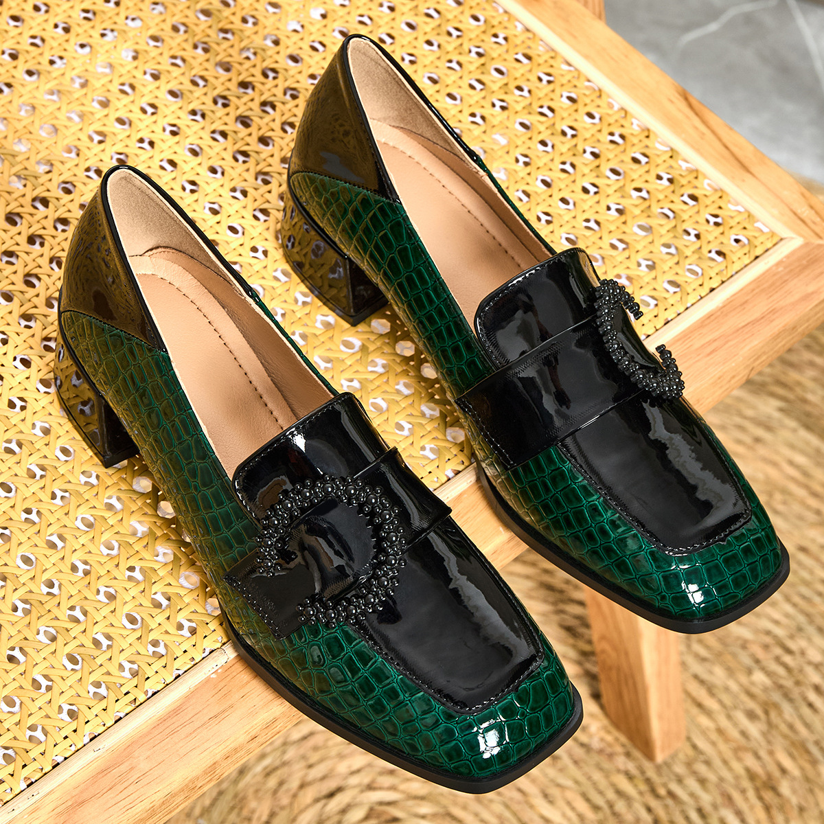 Shoeswoon Green Croc Print Patent Beaded Buckle Block Heel Loafers