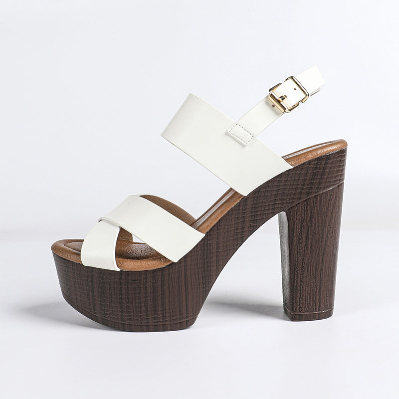 Shoeswoon Retro Two Strap Slingback Chunky Block Heel Wooden Look Platform Sandals